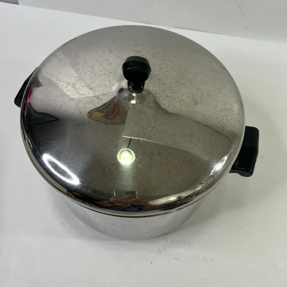 Vtg Farberware‎ 8 Qt Stock Pot w Lid Aluminum Clad Stainless Steel USA Sits Flat